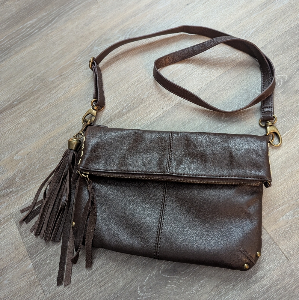 Lucky Brand Dark Brown Leather Crossbody Hobo‎ Foldover Fringe Tassel Bag